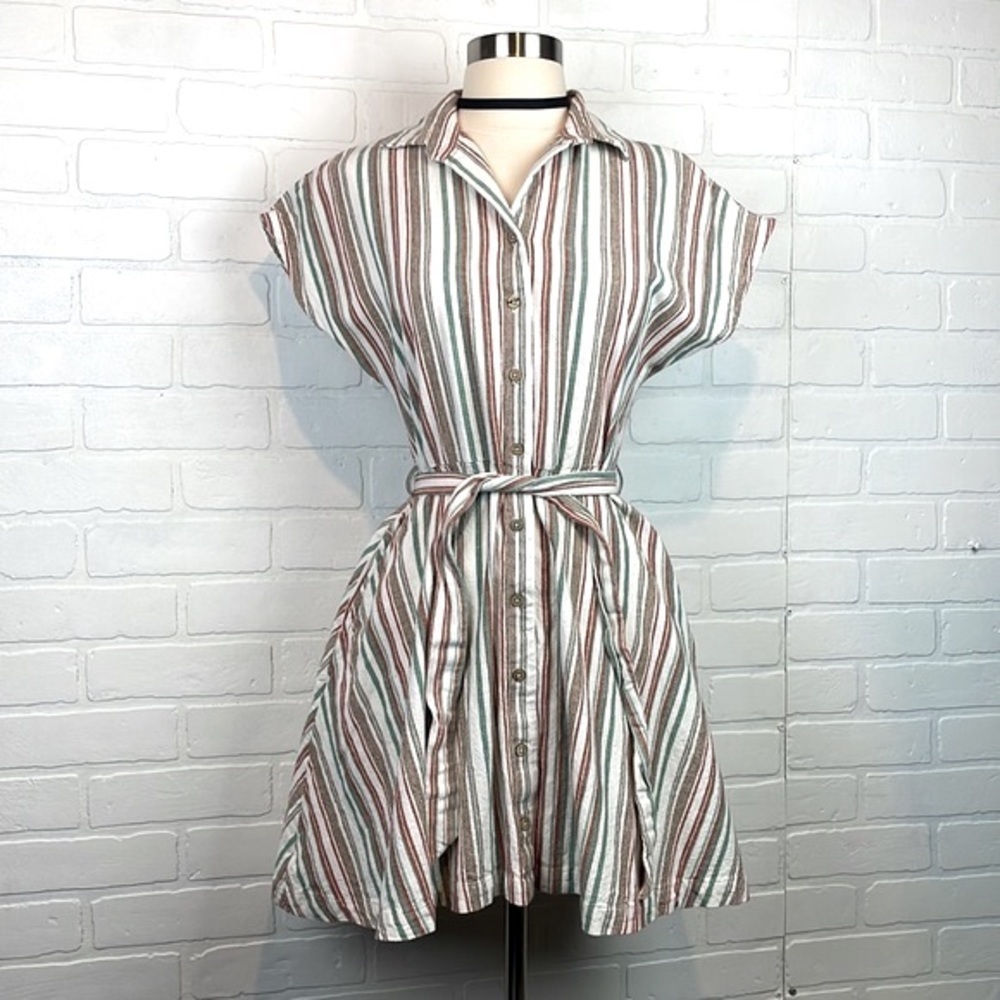 Roxy Beach Striped Cotton Linen Blend Belted Button Front Mini Dress S